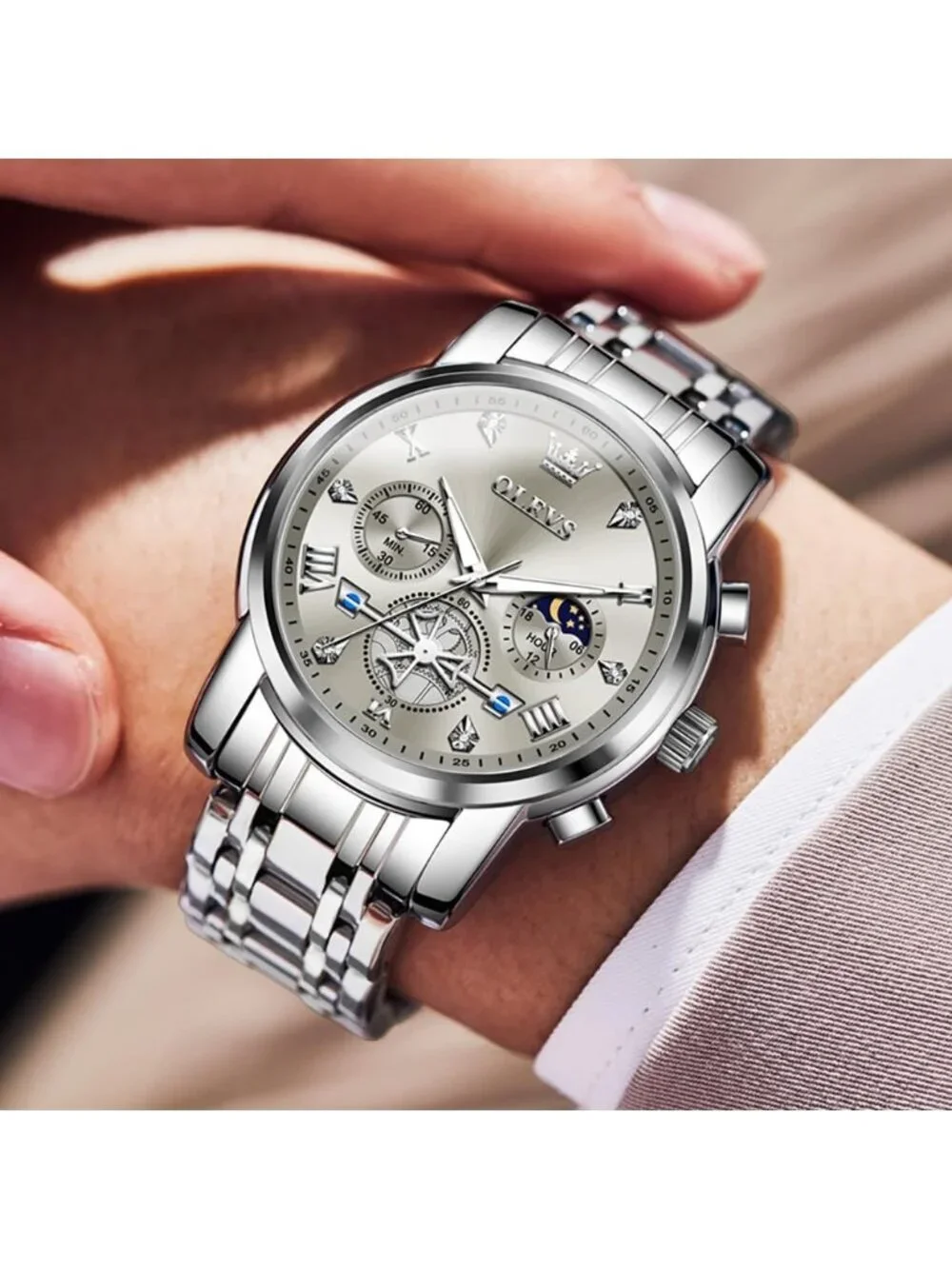 Mens Silver Grey Skeleton Stainless Steel Diamond And Calendar Chronograph Watch